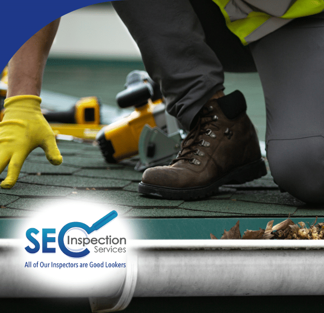 Home inspector wearing gloves and boots cleaning a roof gutter